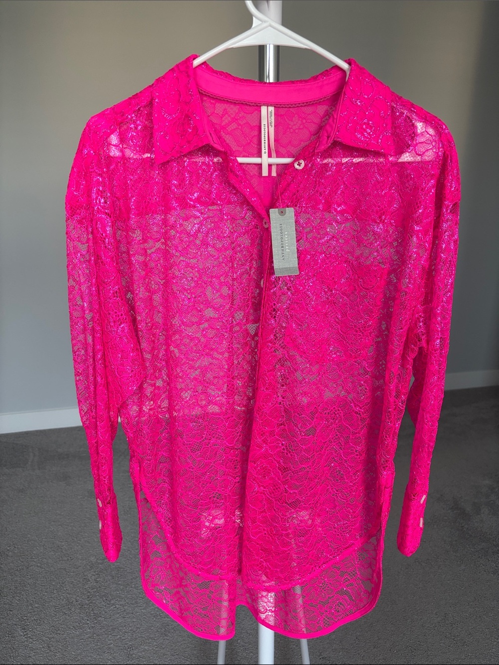 Anthropology Bright Pink Metallic Sheer Lace Button-Up Shirt